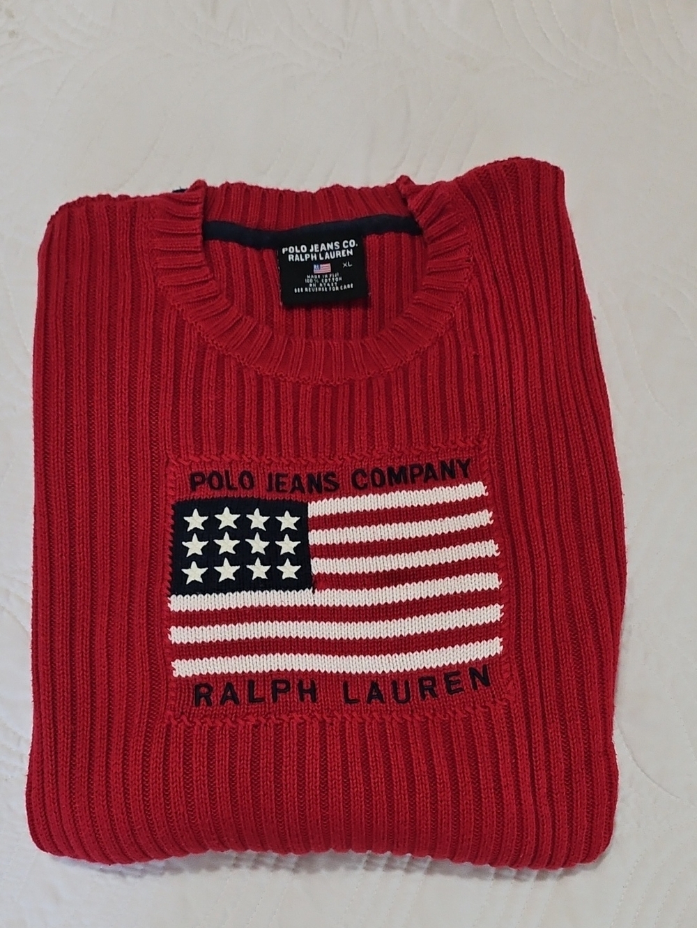 Ralph Lauren Red Ribbed Crewneck Sweater with Flag Motif